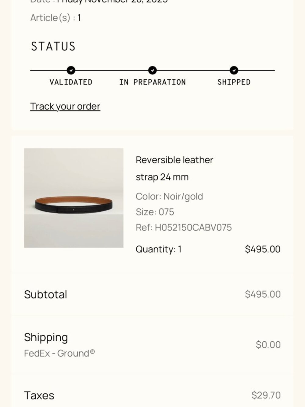 Hermes 25.6" (Extra Small) Reviersible "Noir + Gold" (Black + Beige) Belt Strap